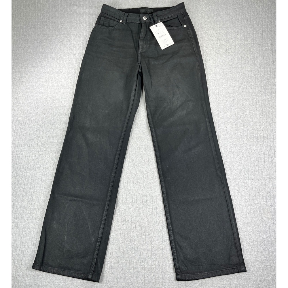 New Zara baggy wide leg Coated Jeans Women 2 Black High Waisted Straight Leg